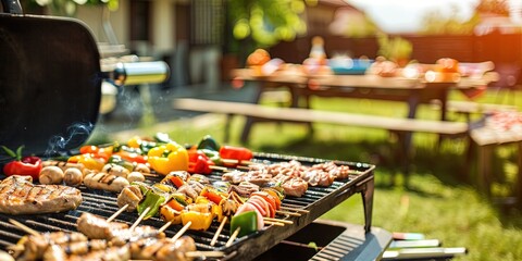 backyard summer barbecue with meats on the grill