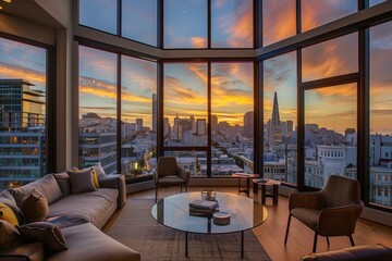 Sticker - Elegant interior design of a spacious living room overlooking a vibrant sunset over the city skyline