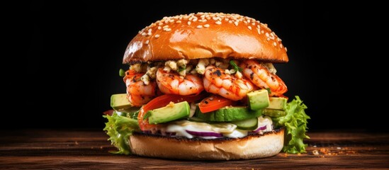 Wall Mural - Top view image of a tempting burger sandwich topped with shrimp avocado caviar and cucumber presented on a wooden backdrop with ample copy space