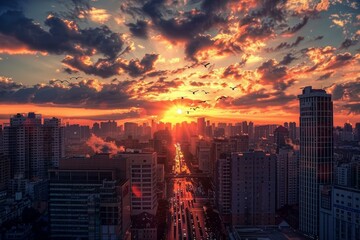 Poster - Breathtaking view of a city skyline at sunset, featuring silhouettes of buildings under a vibrant sky with birds