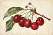 Vintage botanical illustration of cherries with detailed leaves and stems, classic style on cream paper 