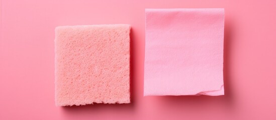 Wall Mural - A top view copy space image featuring two sponges and a napkin placed on a pink background