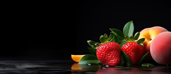 Poster - Copy space image of a dark background showcasing a fresh strawberry accompanied by sliced peaches