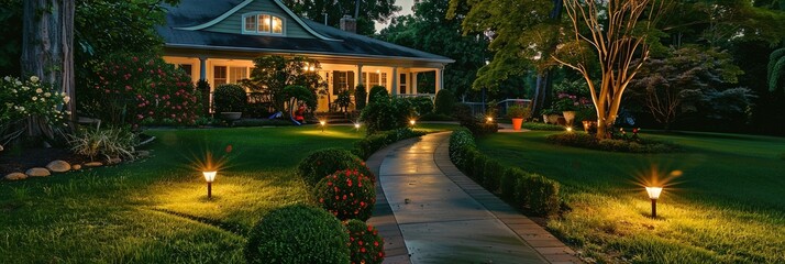 Lighted walkway in front yard of a residential house at dusk as the sun goes down for the evening