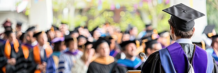 Valedictorian gives commencement speech to group of student graduates in caps and gowns at school graduation