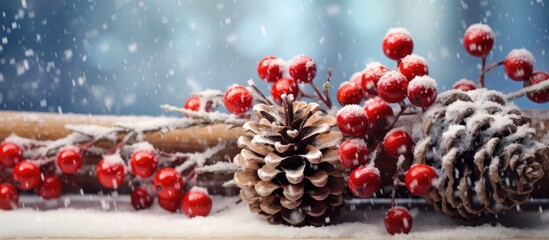 Wall Mural - Close up copy space image of a snowy Christmas fir branch adorned with berries and cones set against a light wooden background