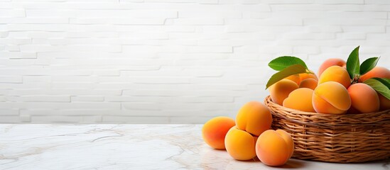 Wall Mural - A copy space image displaying a basket filled with vibrant apricots placed on a sleek white tile table