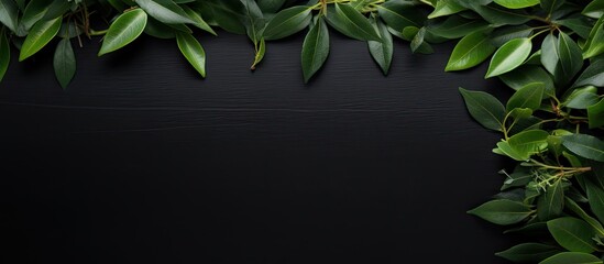 Wall Mural - A top down view of bay leaves arranged on a black background with available space for text. Copyspace image
