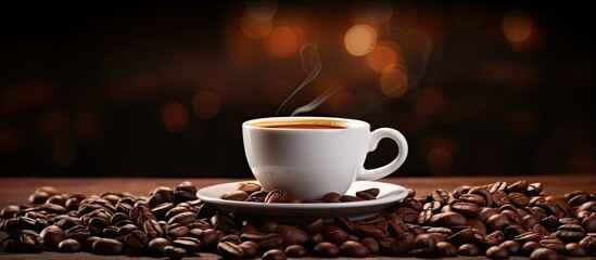 An image showing a cup of espresso coffee with coffee beans surrounding it. Copyspace image