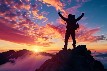 silhouetted hiker celebrating triumph on mountaintop at sunset achievement