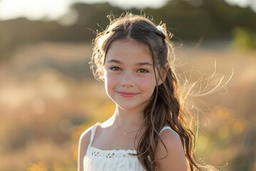 smiling young girl with brown hair and white dress portrait in nature