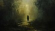 A painting of a person walking through a forest at night