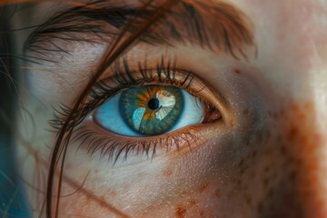 Poster - Macro shot capturing the detailed textures of a blue human eye with striking iris patterns and eyelashes