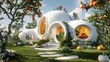 Organic Spherical Dwellings in a Whimsical Orchard Landscape with Futuristic Surreal Architecture and Peaceful Pathways