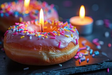 Canvas Print - Celebratory doughnuts adorned with lit candles and vibrant sprinkles on a dark background