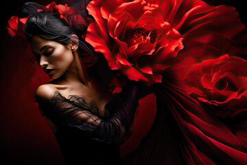 Wall Mural - flamenco dancer emerging from a red rose flower.