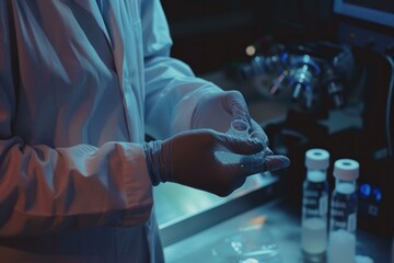 Wall Mural - Closeup of a scientist's hands examining a sample in a petri dish in a dimly lit lab