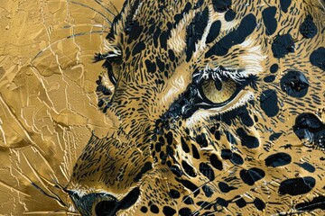 Closeup detailed golden textured leopard print with lustrous metallic effect for modern and contemporary fashion and decor, showcasing the elegance and glamour of the feline wildlife theme