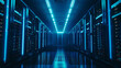 © BritCats Studio - Server room cloaked in darkness where blue light accentuates network and data servers representing the power of modern tech