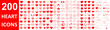 Heart set 200 icons, unique different hearts drawn hand collection, continuous line cute hearts, heart beat pulse one line