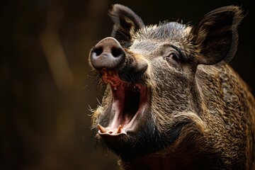 Poster - Detailed portrait of a wild boar with open mouth, showcasing its teeth, against a dark background