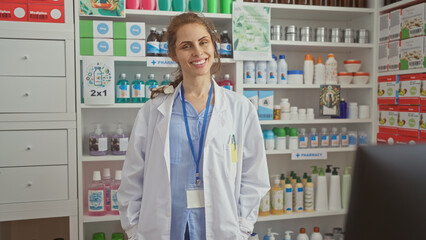 Sticker - A smiling woman pharmacist stands in a drugstore filled with medicines and healthcare products.