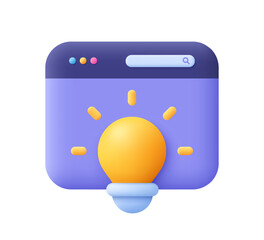 Web landing page or web banner with light bulb. Online learning and education, creative solutions, idea concept. 3d vector icon. Cartoon minimal style.
