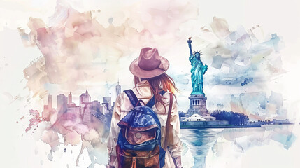 Wall Mural - Beautiful watercolor painting of Back view of Tourist woman with hat and backpack on vacation in New York, looking at statue of liberty, Digital illustration generative AI.