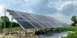 Solar panels on distribution board under cloudy sky in solar farm. Concept Solar Panels, Distribution Board, Cloudy Sky, Solar Farm