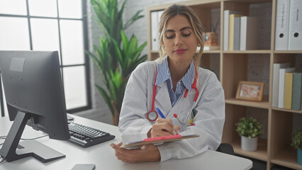 Poster - A blonde woman doctor in a white coat writing notes in a modern hospital office, embodying professionalism and healthcare.