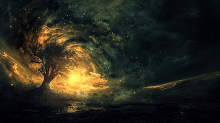 Wall Mural - A man stands in a dark cave with a starry sky above him