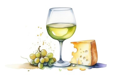 Composition glass with white wine with cheese and bunch of grapes. Hand drawn watercolor illustration.