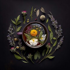 Wall Mural - Tea with herbs and flowers in a cup top view. Generative AI,