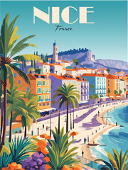 Wall Mural - Nice, France Travel Destination Poster in retro style. French Riviera vintage colorful print. European summer vacation, holidays concept. Vector art illustration.	