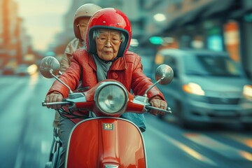 Generations on the Go: Senior Lady and Child Riding Scooter, City Environment