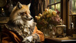 A fox is wearing a fur coat and sitting in front of a clock