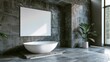 The image shows a bathroom with a large bathtub, a mirror, and a plant. The walls are made of concrete and the floor is made of stone. The bathroom is decorated in a modern style.