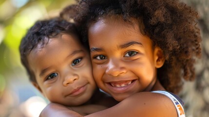 Poster - Smiling Siblings Embracing Outdoors