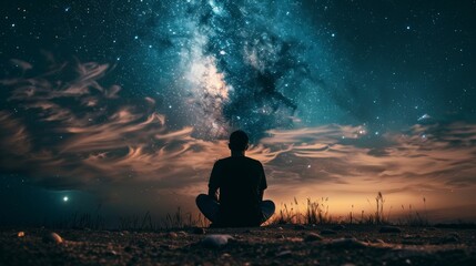 Wall Mural - A man is sitting on the ground in a field of grass, looking up at the sky