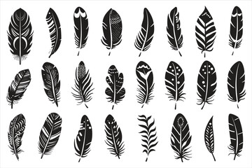 Rustic ethnic decorative feathers set black silhouette, Collection of hand-drawn feathers, Set of decorative animal feathers, Bird feather icon silhouette collection