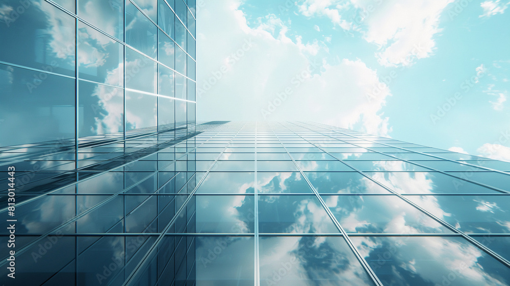 High rise glass fronted office building reflecting bright sunlight and ...