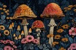 © Cary - different colored mushrooms wild flowers modern nocturnal background wonderland illustration abundant elves