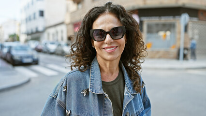 Sticker - A smiling mature hispanic woman with curly hair and sunglasses stands outdoors on a city street.