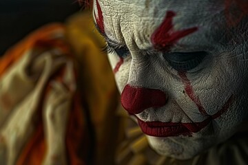 Sticker - Closeup of a clown with dramatic red and white face paint, deep in thought