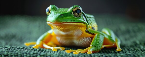 Vibrant green frog on a dark jungle green background