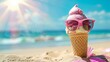 Ice cream with sunglasses and sun on the beach. Sunbathing. copy space. summer day