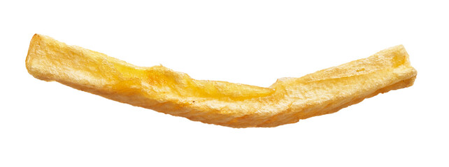 Poster - Close-up isolated image of a single golden fried potato chip against a white background, symbolizing fast food and snacks.