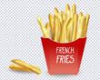 French Fries potato in red carton package box Isolated on transparent. Roasted potato chips in deep fat fry oil potatoes. Yellow sticks. Fast Food. Unhealthy tasty food. Vector illustration