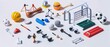 A tiny isometric set of sports equipment, artfully positioned to represent various athletic activities, model isolated white background