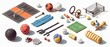 A tiny isometric set of sports equipment, artfully positioned to represent various athletic activities, model isolated white background